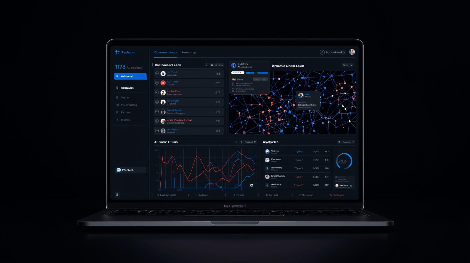 Futuristic AI assistant interface showing automation flows and lead management