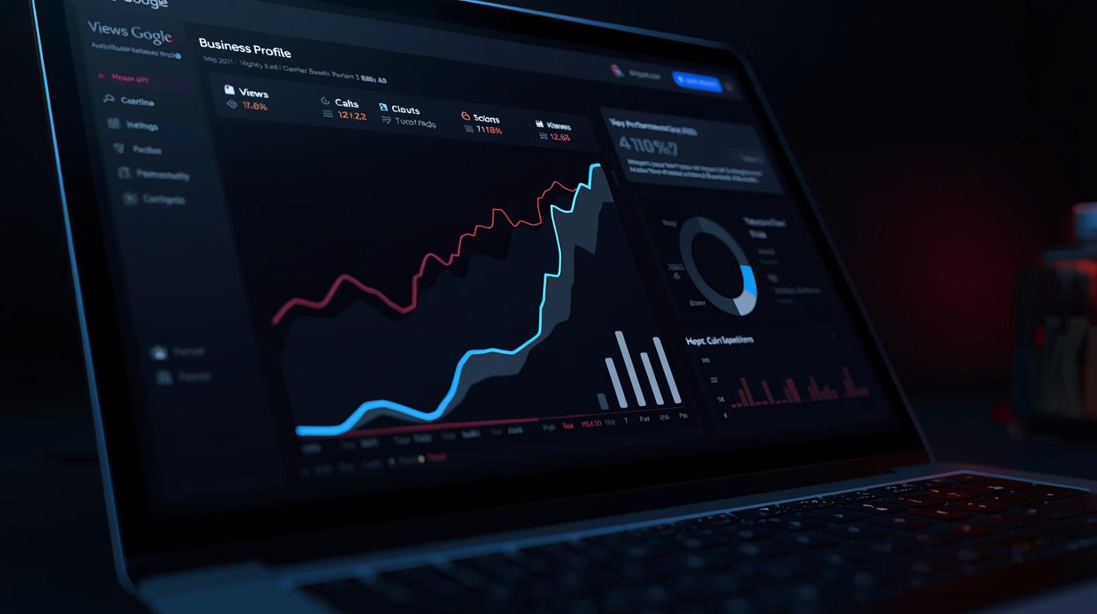Google Business Profile dashboard showing increased views, calls, and reviews