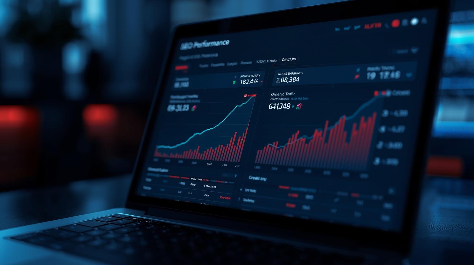 Laptop showing SEO keyword rankings and organic traffic graphs trending upward