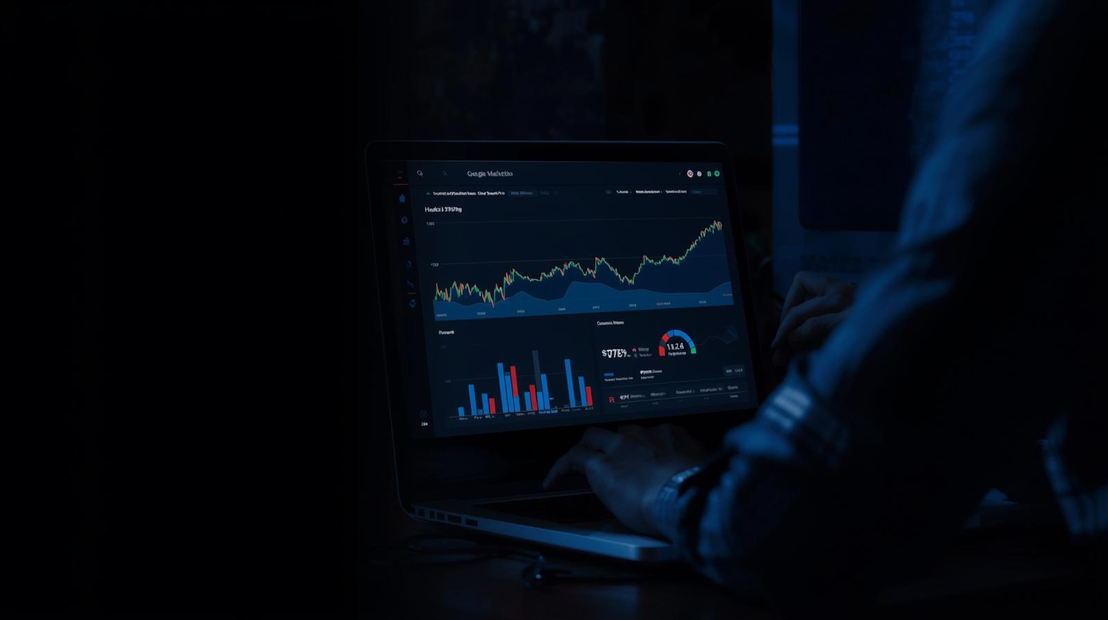 Marketing professional analyzing data dashboards and rising performance charts